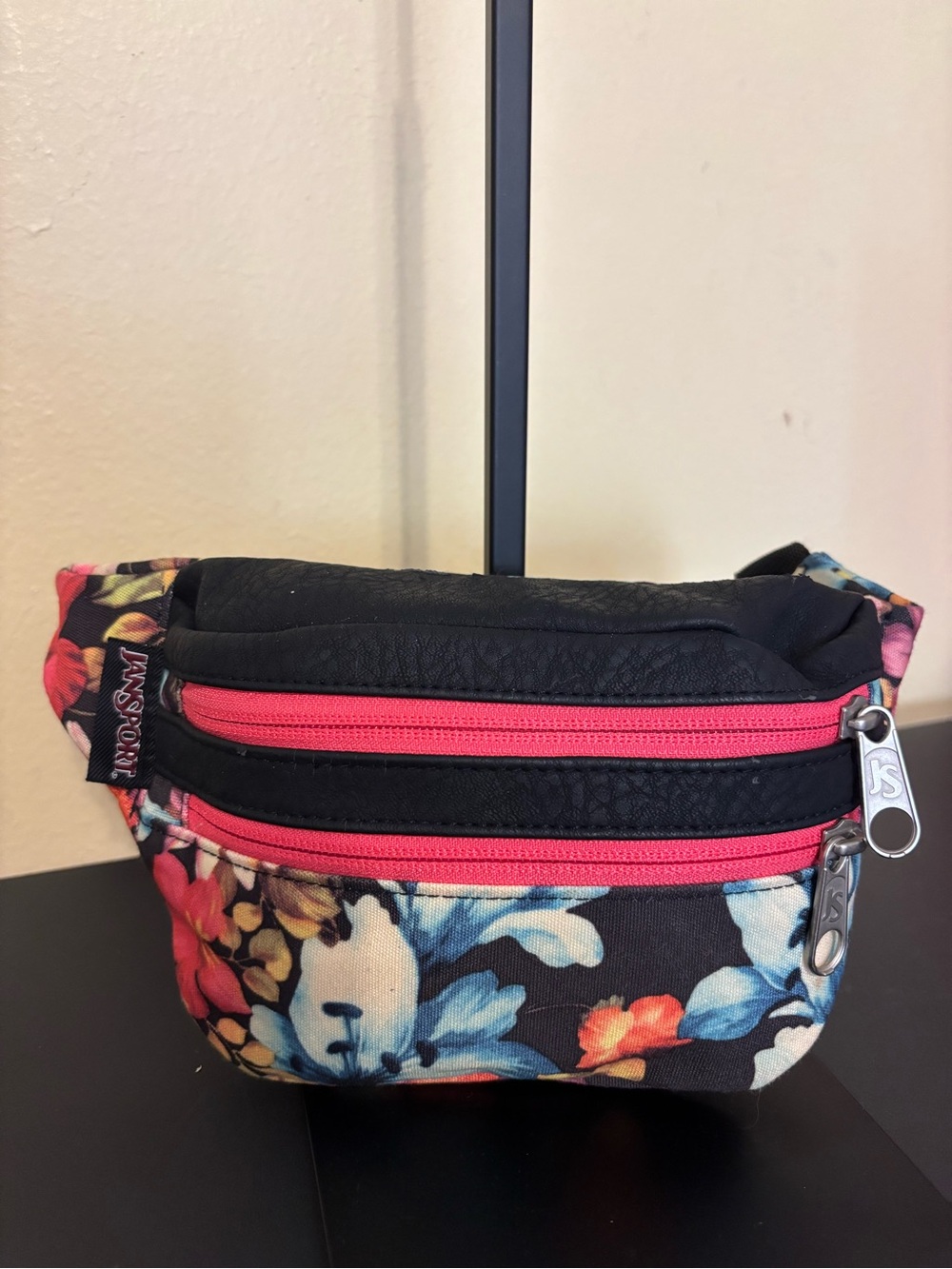 Jansport Black Floral Mini Waist Pack with Pink Zippers